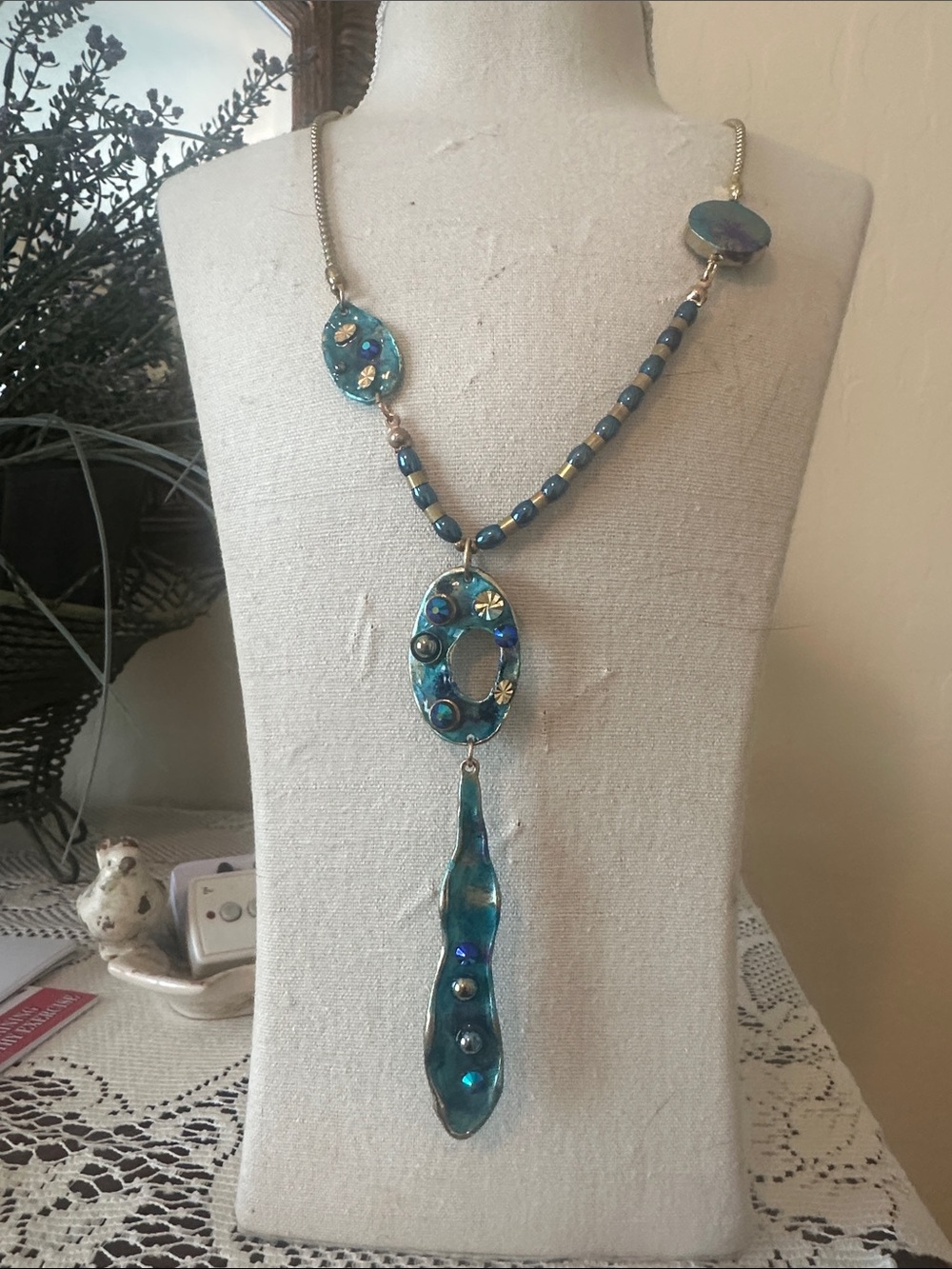 Treska Teal and Blue Enamel Pendant Necklace
